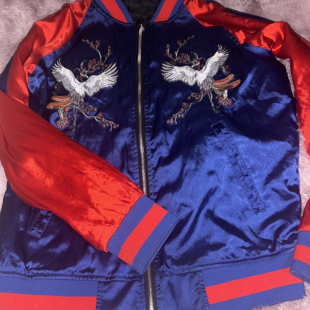 Blue and Red Embroidered Japanese Bomber Jacket